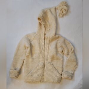 Vtg Hand Knit Hoodie Sweater Big Tassel Chunky Cozy Zip Cream